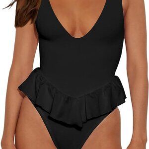 Cheeky One Piece Swimsuit Deep V Neck Tummy Control High Cut Bathing Suit, NEW